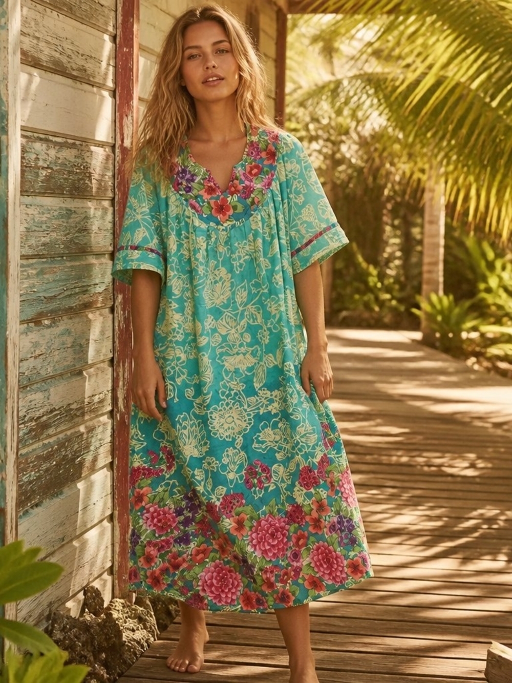 Turquoise Floral Embroidered Midi Dress with Pink Accents